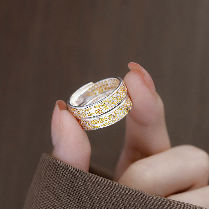 Buddha Stones Anillo Ajustable de Suerte de Cobre con Diseño de Flor de la Dinastía Tang Sutra del Corazón de Loto Tallado de Paz y Alegría