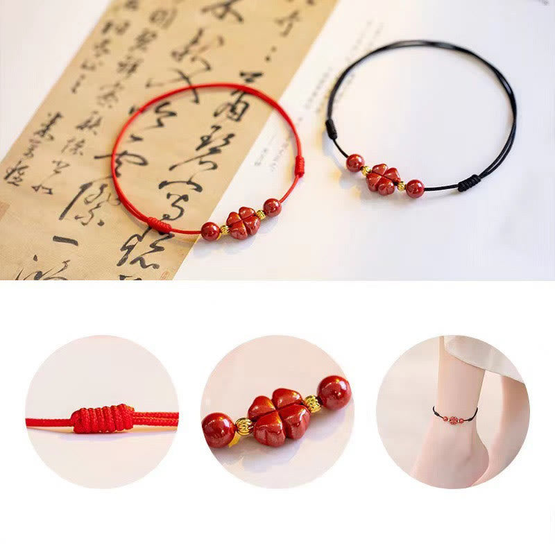 Buddha Stones Cinnabar Cuerda con Trébol de Cuatro Hojas de Bendición Tobillera