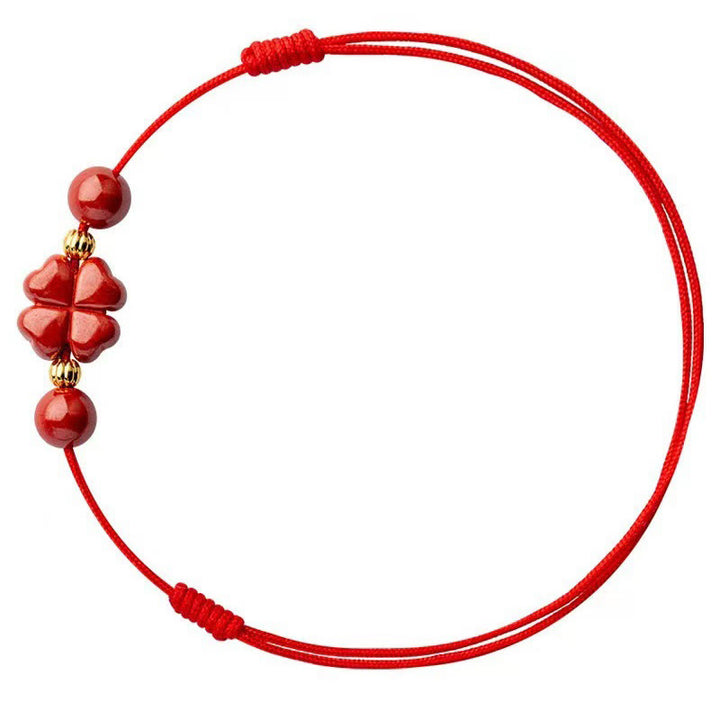 Buddha Stones Cinnabar Cuerda con Trébol de Cuatro Hojas de Bendición Tobillera