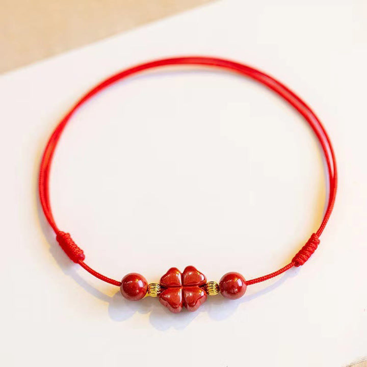 Buddha Stones Cinnabar Cuerda con Trébol de Cuatro Hojas de Bendición Tobillera