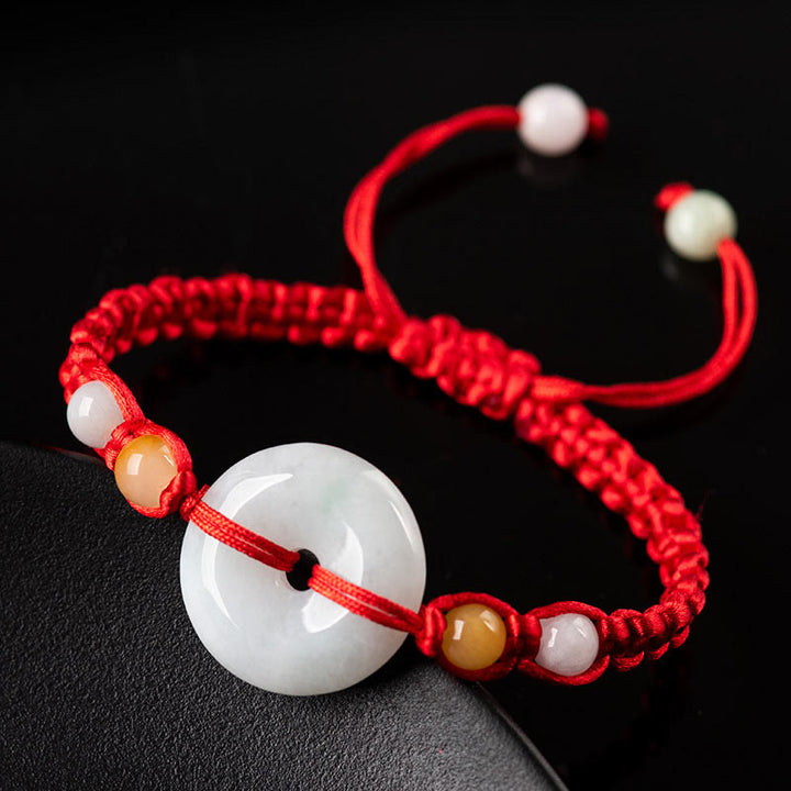 Pulsera de cuerda roja de la suerte con jade y broche de paz de Buddha Stones