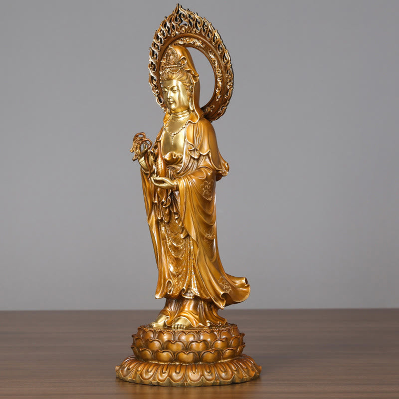 Buddha Stones Kwan Yin Avalokitesvara Lotus Aura Éxito Estatua de Latón y Cobre Decoración del Hogar