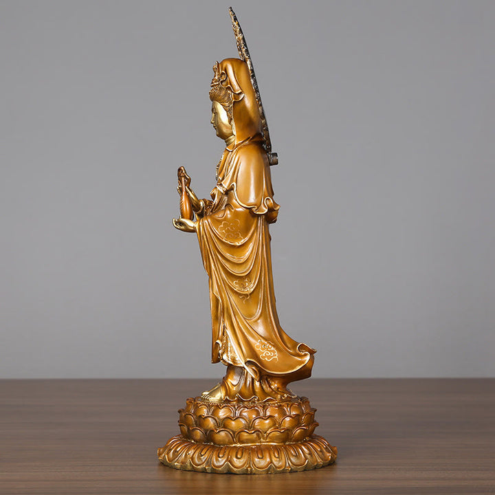 Buddha Stones Kwan Yin Avalokitesvara Lotus Aura Éxito Estatua de Latón y Cobre Decoración del Hogar