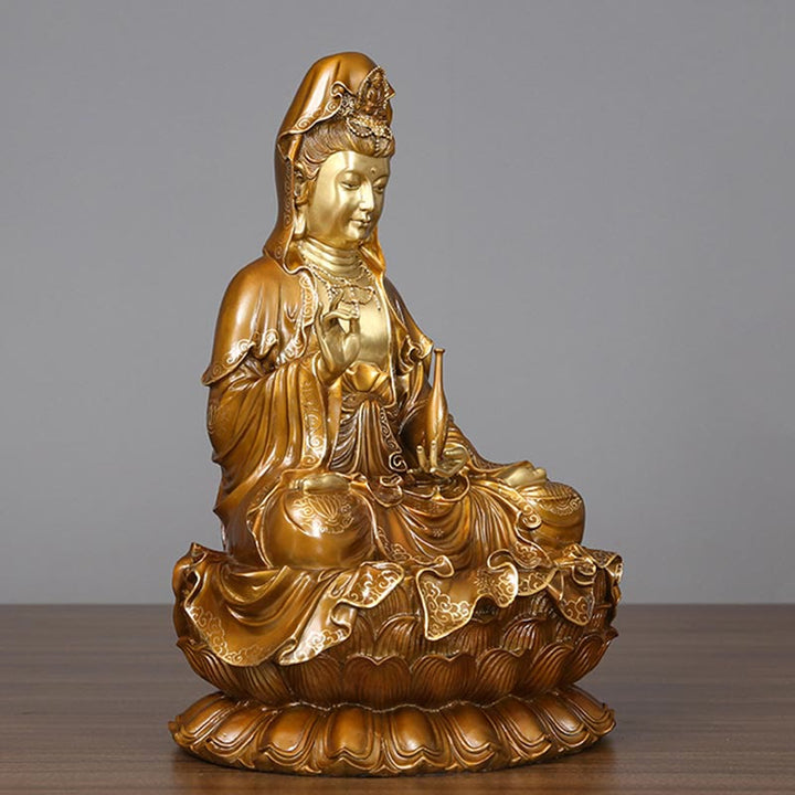 Buddha Stones Estatua de Kwan Yin Avalokitesvara Sentado en Flor de Loto Armonía de Latón y Cobre para Decoración de Altar en Hogar