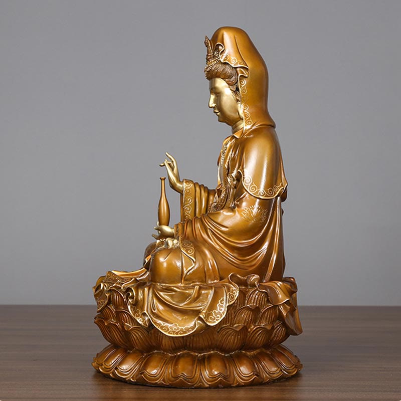 Buddha Stones Estatua de Kwan Yin Avalokitesvara Sentado en Flor de Loto Armonía de Latón y Cobre para Decoración de Altar en Hogar