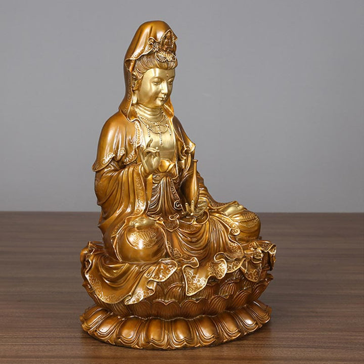 Buddha Stones Estatua de Kwan Yin Avalokitesvara Sentado en Flor de Loto Armonía de Latón y Cobre para Decoración de Altar en Hogar