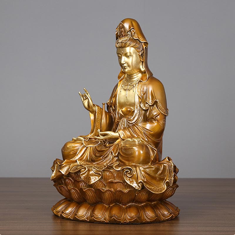 Buddha Stones Estatua de Kwan Yin Avalokitesvara Sentado en Flor de Loto Armonía de Latón y Cobre para Decoración de Altar en Hogar