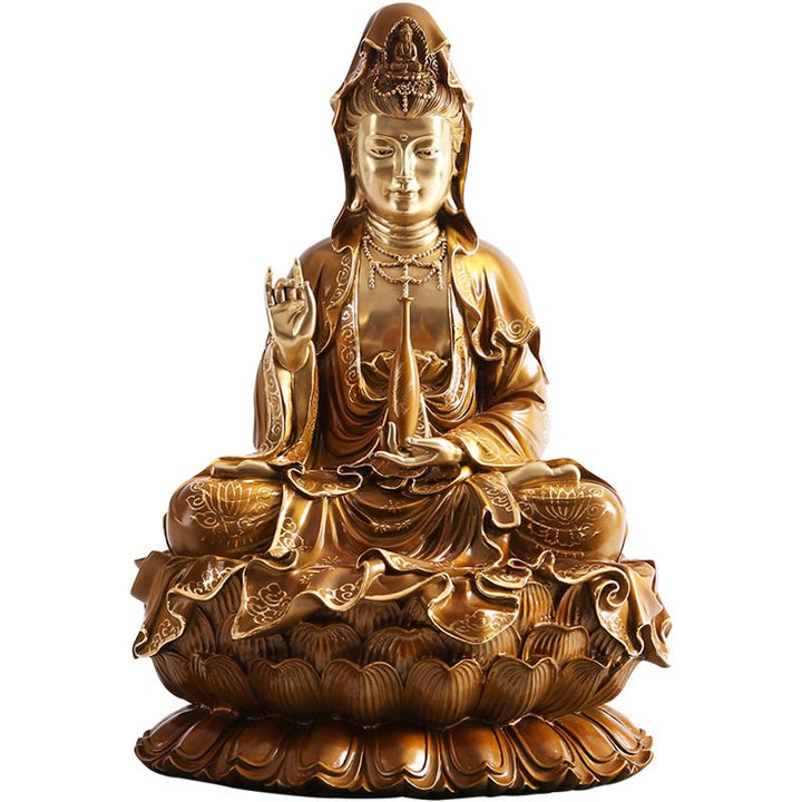 Buddha Stones Estatua de Kwan Yin Avalokitesvara Sentado en Flor de Loto Armonía de Latón y Cobre para Decoración de Altar en Hogar