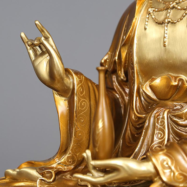 Buddha Stones Estatua de Kwan Yin Avalokitesvara Sentado en Flor de Loto Armonía de Latón y Cobre para Decoración de Altar en Hogar