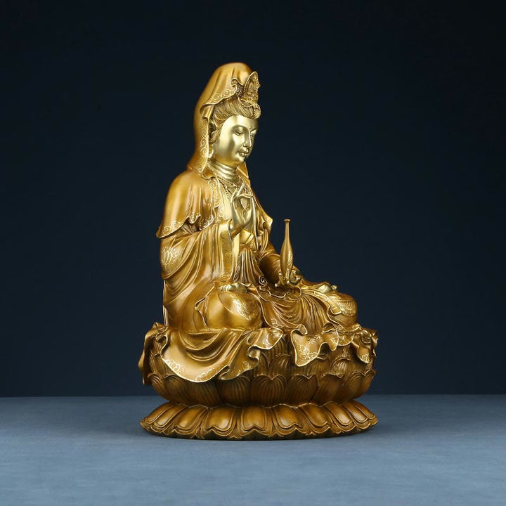 Buddha Stones Estatua de Kwan Yin Avalokitesvara Sentado en Flor de Loto Armonía de Latón y Cobre para Decoración de Altar en Hogar