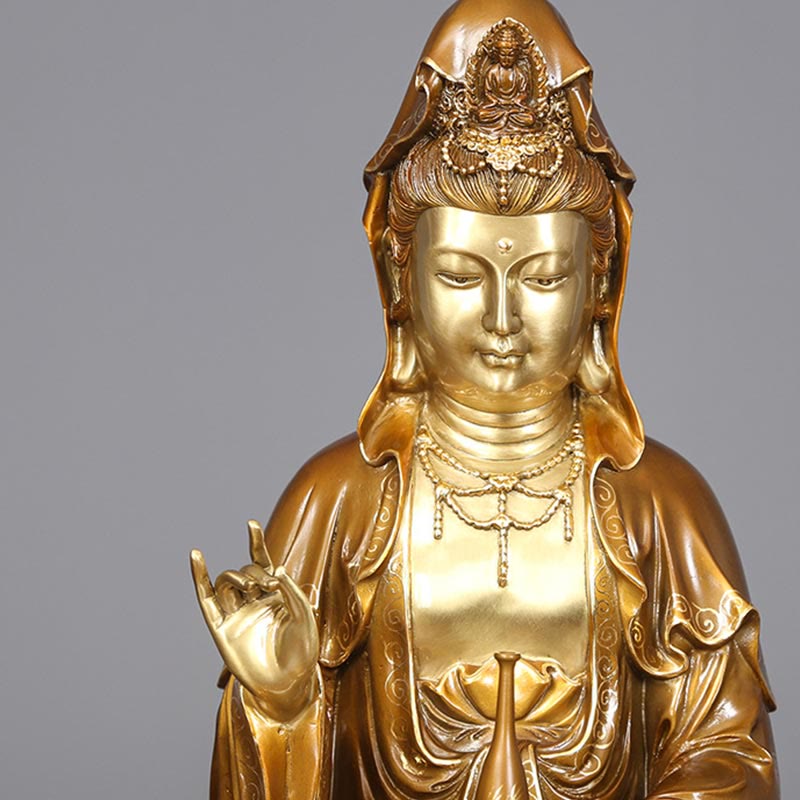 Buddha Stones Estatua de Kwan Yin Avalokitesvara Sentado en Flor de Loto Armonía de Latón y Cobre para Decoración de Altar en Hogar