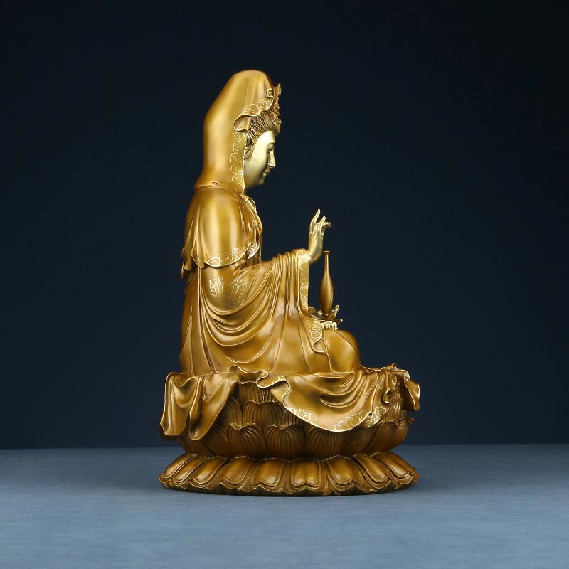 Buddha Stones Estatua de Kwan Yin Avalokitesvara Sentado en Flor de Loto Armonía de Latón y Cobre para Decoración de Altar en Hogar