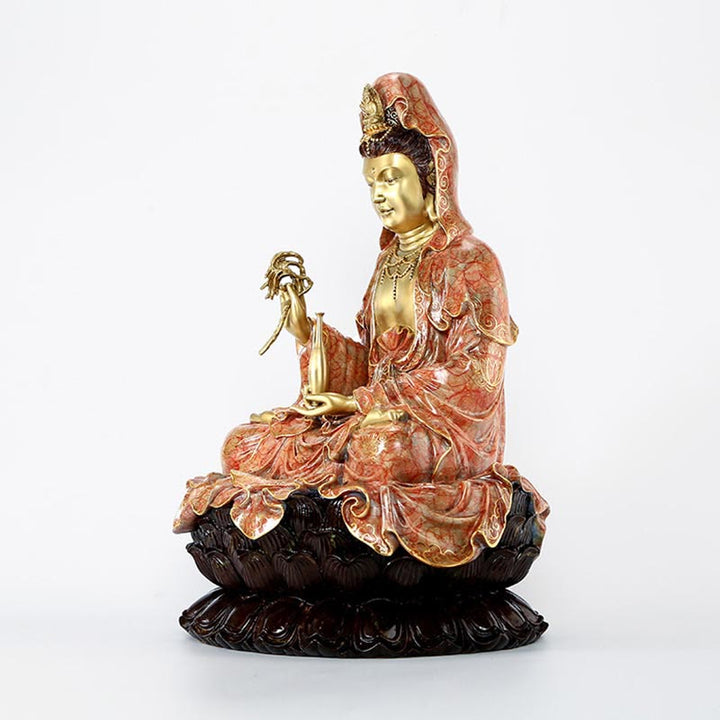 Buddha Stones Estatua de Kwan Yin Avalokitesvara Sentado en Flor de Loto Armonía de Latón y Cobre para Decoración de Altar en Hogar