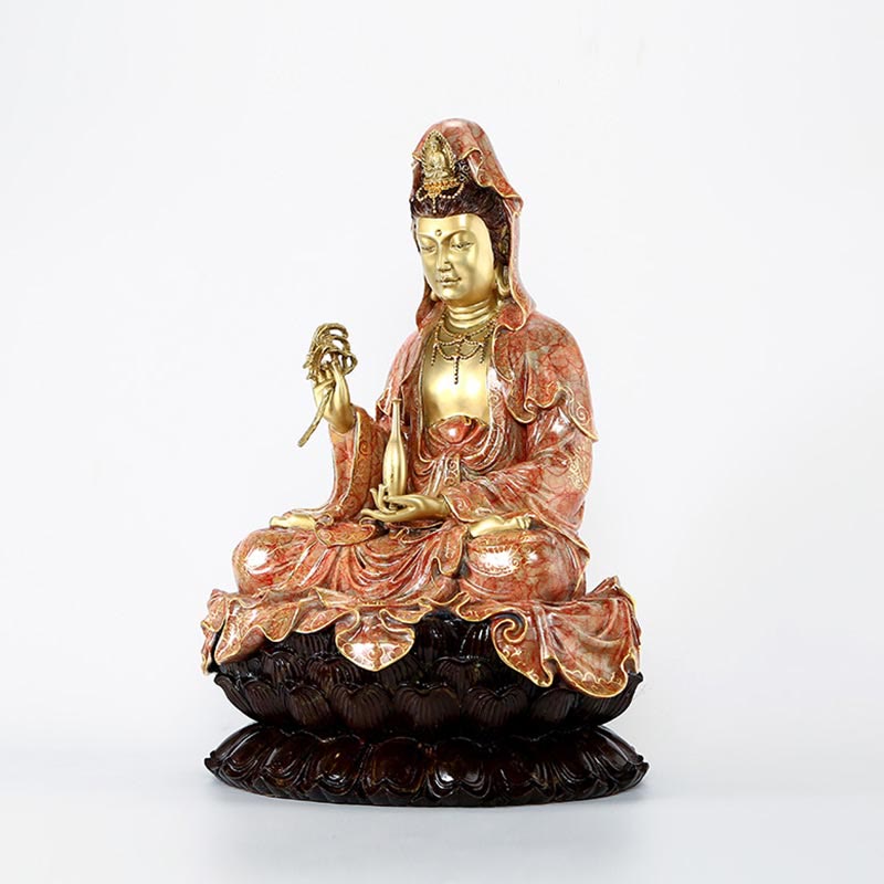 Buddha Stones Estatua de Kwan Yin Avalokitesvara Sentado en Flor de Loto Armonía de Latón y Cobre para Decoración de Altar en Hogar