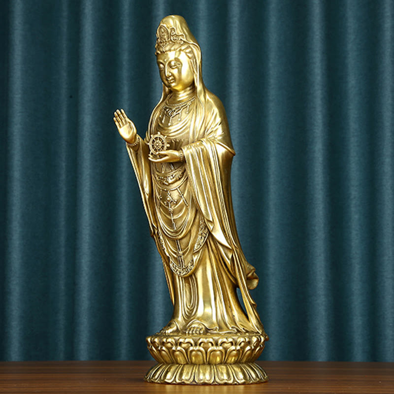 Buddha Stones Kwan Yin Avalokitesvara Sosteniendo La Rueda del Dharma Estatua de Riqueza de Latón y Cobre Decoración