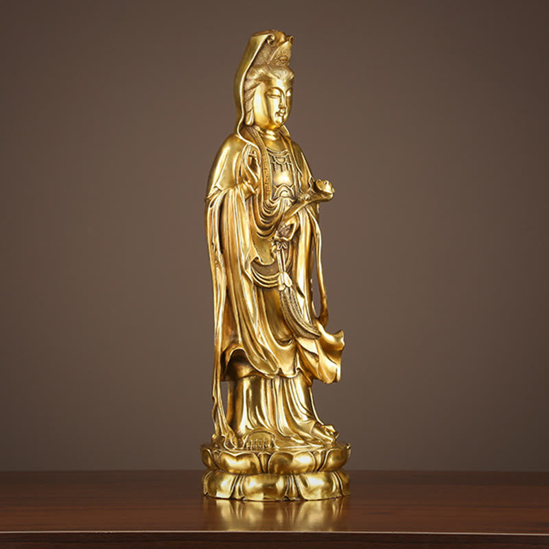 Buddha Stones Kwan Yin Avalokitesvara Sosteniendo La Rueda del Dharma Estatua de Riqueza de Latón y Cobre Decoración