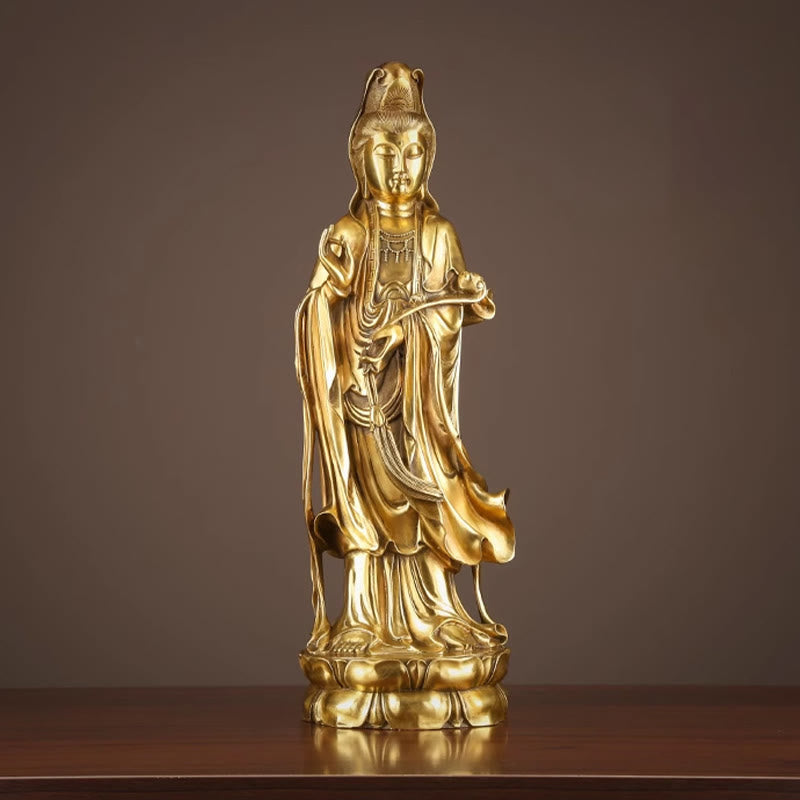 Buddha Stones Kwan Yin Avalokitesvara Sosteniendo La Rueda del Dharma Estatua de Riqueza de Latón y Cobre Decoración