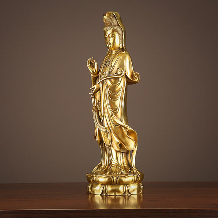 Buddha Stones Kwan Yin Avalokitesvara Sosteniendo La Rueda del Dharma Estatua de Riqueza de Latón y Cobre Decoración