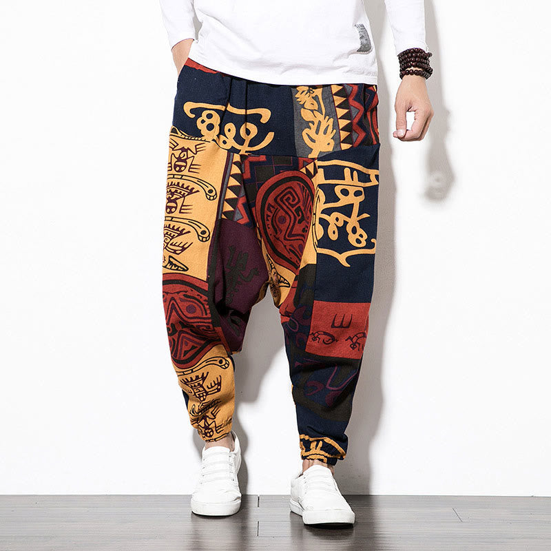 Pantalones harén para hombre con estampado de pájaros, grafiti en rojo y marrón, con Buddha Stones y bolsillos - image 1
