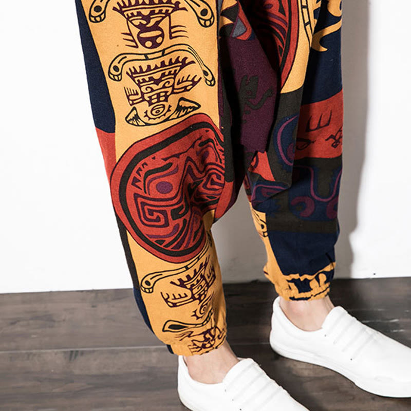 Pantalones harén para hombre con estampado de pájaros, grafiti en rojo y marrón, con Buddha Stones y bolsillos - image 8