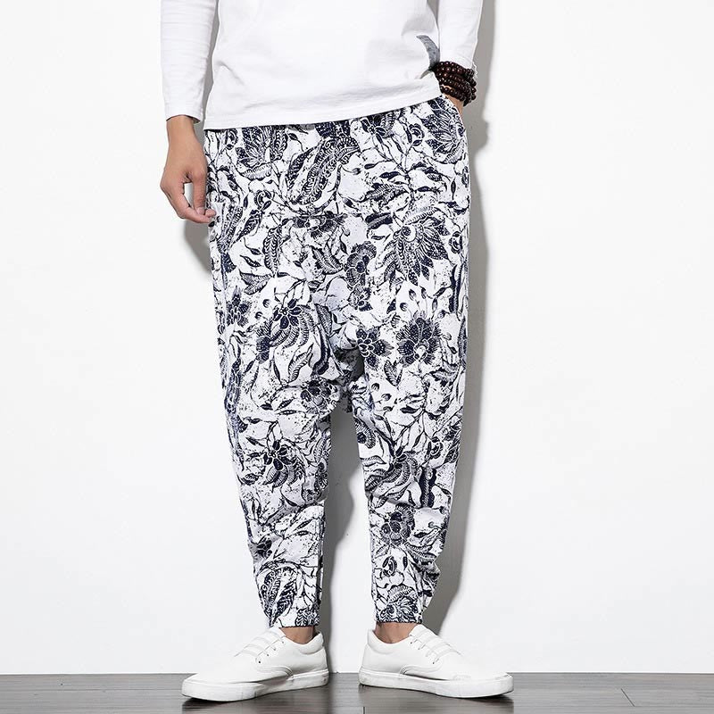 Pantalones harén largos de algodón con estampado de hojas, vides y Buddha Stones para hombre con bolsillos - image 1