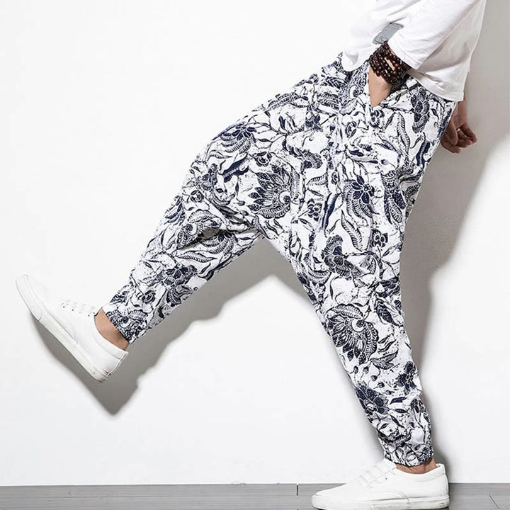 Pantalones harén largos de algodón con estampado de hojas, vides y Buddha Stones para hombre con bolsillos - image 6