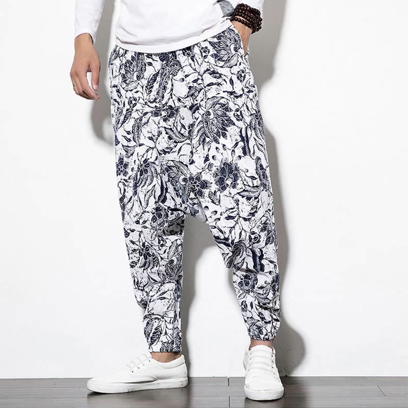 Pantalones harén largos de algodón con estampado de hojas, vides y Buddha Stones para hombre con bolsillos - image 5