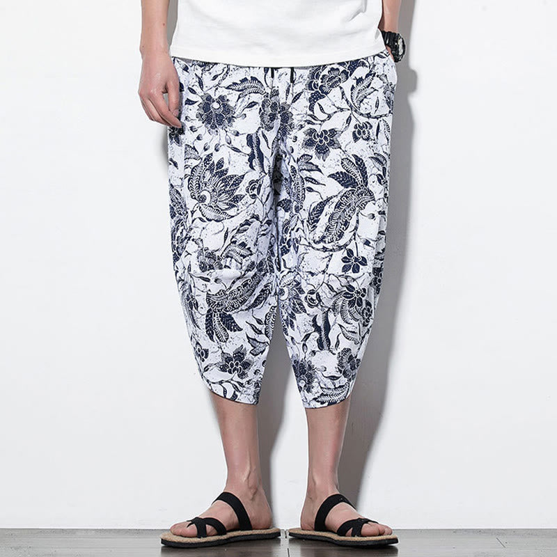 Pantalones harén largos de algodón con estampado de hojas, vides y Buddha Stones para hombre con bolsillos - image 17