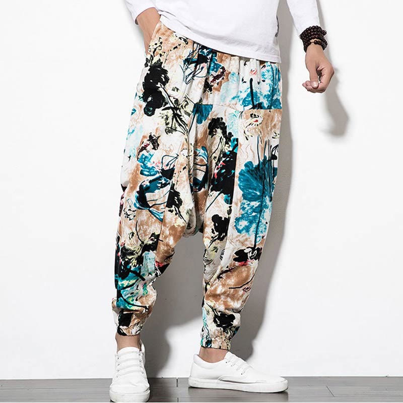 Pantalones harén largos de algodón con bolsillos para hombre con estampado de flores, hojas, Buddha Stones y pintura en marrón y azul - image 5