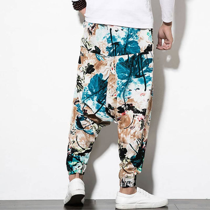 Pantalones harén largos de algodón con bolsillos para hombre con estampado de flores, hojas, Buddha Stones y pintura en marrón y azul - image 2
