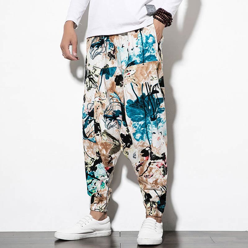 Pantalones harén largos de algodón con bolsillos para hombre con estampado de flores, hojas, Buddha Stones y pintura en marrón y azul - image 7