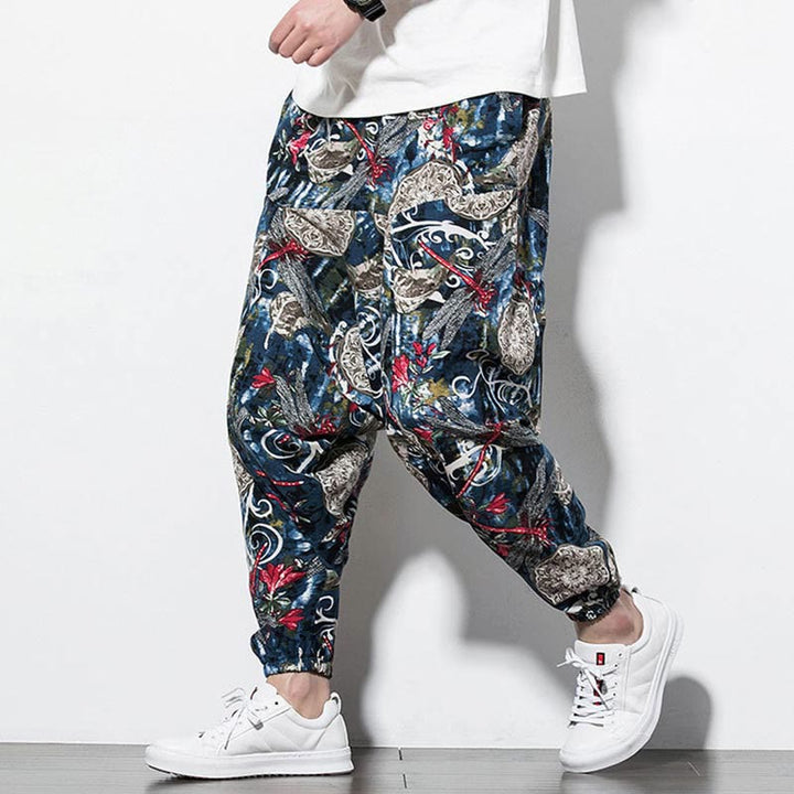 Pantalones harén de algodón para hombre con bolsillos y estampado de diente de león, libélula roja y Buddha Stones - image 6