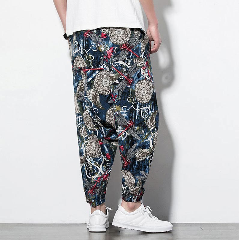 Pantalones harén de algodón para hombre con bolsillos y estampado de diente de león, libélula roja y Buddha Stones - image 2