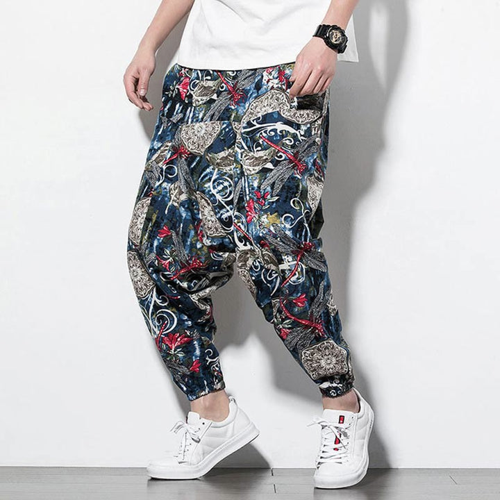 Pantalones harén de algodón para hombre con bolsillos y estampado de diente de león, libélula roja y Buddha Stones - image 4