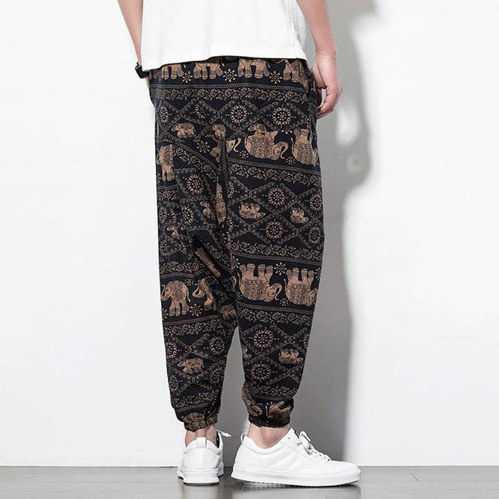 Pantalones harén largos de algodón con bolsillos para hombre, estampado de elefantes , Buddha Stones , marrón y negro - image 2