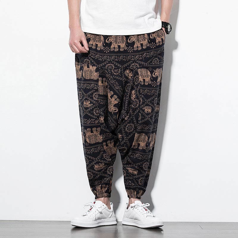 Pantalones harén largos de algodón con bolsillos para hombre, estampado de elefantes , Buddha Stones , marrón y negro - image 1