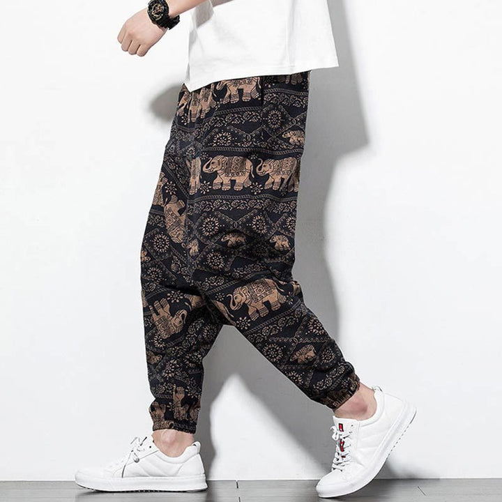 Pantalones harén largos de algodón con bolsillos para hombre, estampado de elefantes , Buddha Stones , marrón y negro - image 8
