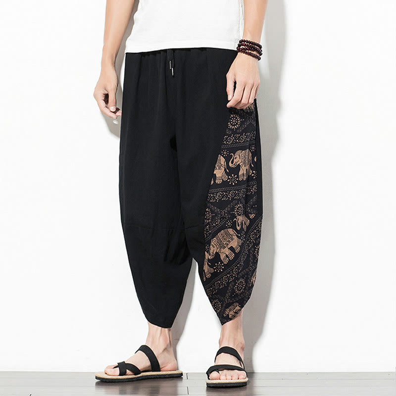 Pantalones harén cortos de algodón con estampado de elefante marrón y Buddha Stones para hombre con bolsillos - image 3