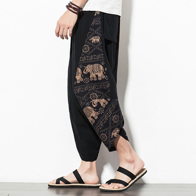 Pantalones harén cortos de algodón con estampado de elefante marrón y Buddha Stones para hombre con bolsillos - image 4