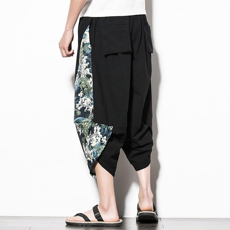 Pantalones harén cortos de algodón con estampado de ondas verdes y Buddha Stones para hombre con bolsillos - image 2