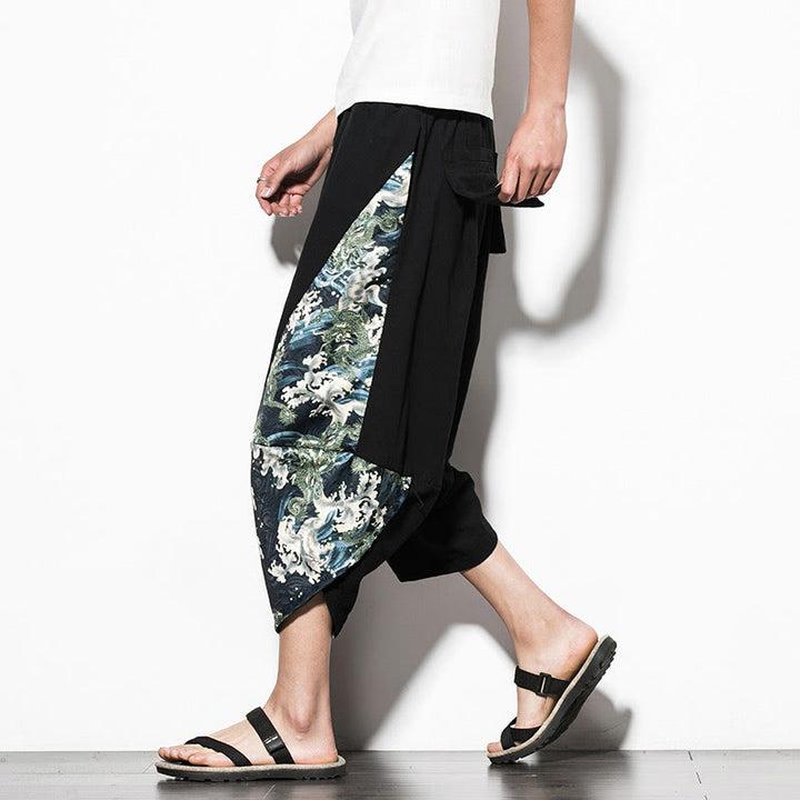 Pantalones harén cortos de algodón con estampado de ondas verdes y Buddha Stones para hombre con bolsillos - Negro - US/UK/AU46, EU56 (5XL)  - image 0