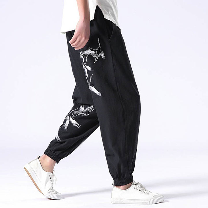 Pantalones harén con cordón y bolsillos para hombre con diseño bordado de grulla blanca y Buddha Stones - image 7
