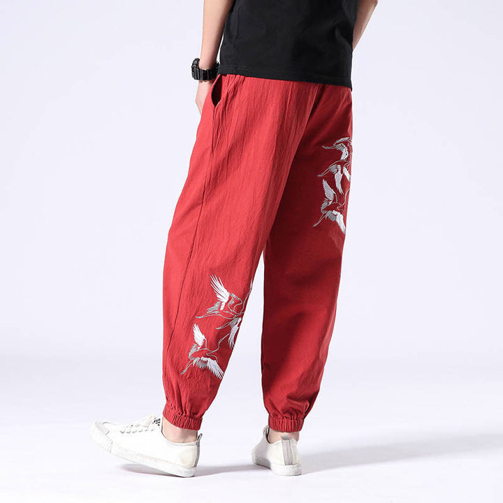 Pantalones harén con cordón y bolsillos para hombre con diseño bordado de grulla blanca y Buddha Stones - Rojo - US/UK/AU42, EU52 (3XL) - image 12