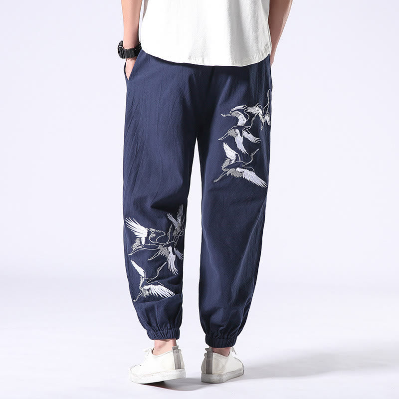 Pantalones harén con cordón y bolsillos para hombre con diseño bordado de grulla blanca y Buddha Stones - Azul acero - US/UK/AU42, EU52 (3XL) - image 22
