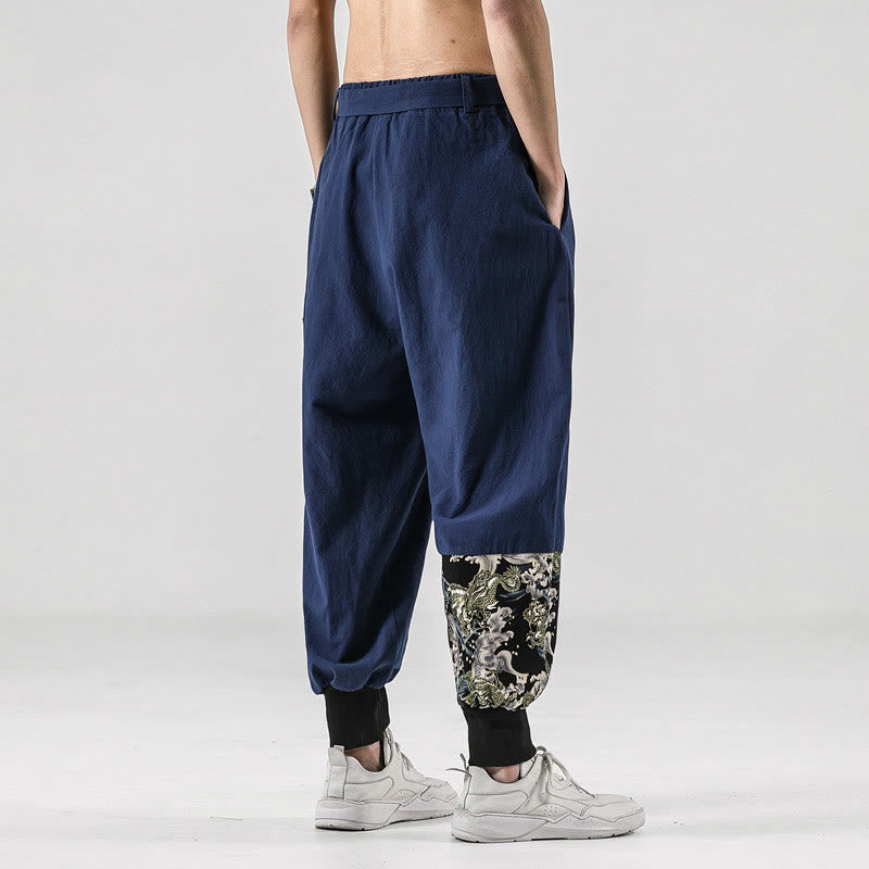 Pantalones harén de algodón con cordones y bolsillos para hombre con estampado de olas del océano y Buddha Stones - image 32