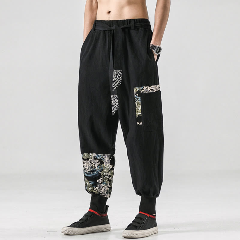 Pantalones harén de algodón con cordones y bolsillos para hombre con estampado de olas del océano y Buddha Stones - image 4