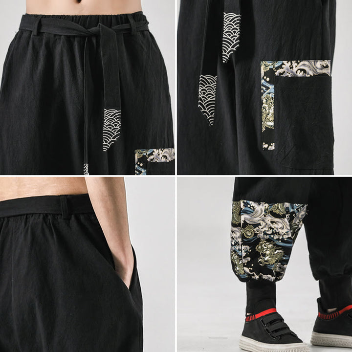 Pantalones harén de algodón con cordones y bolsillos para hombre con estampado de olas del océano y Buddha Stones - image 5