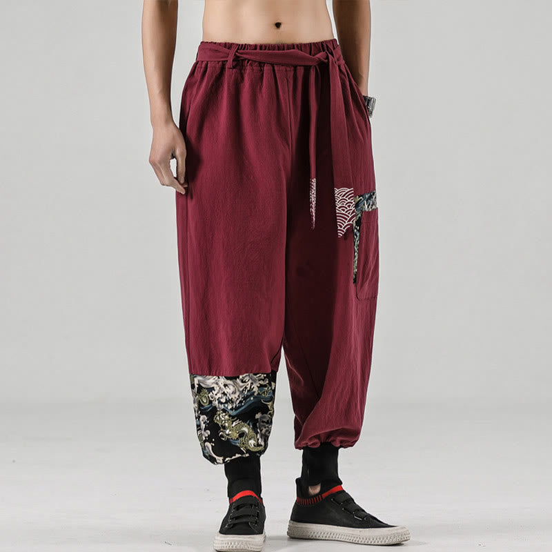 Pantalones harén de algodón con cordones y bolsillos para hombre con estampado de olas del océano y Buddha Stones - image 15