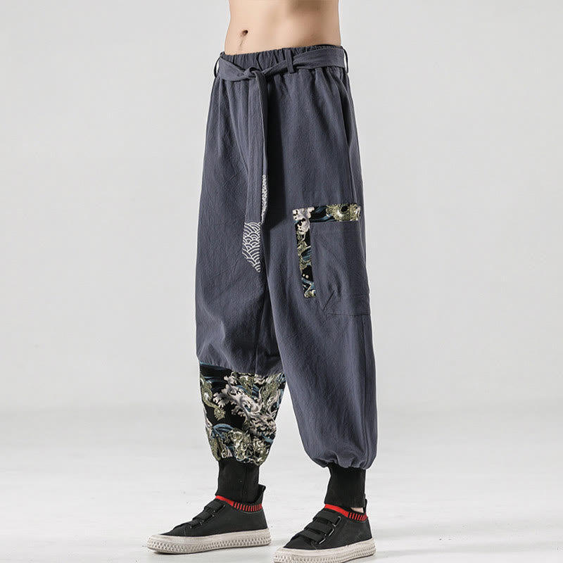 Pantalones harén de algodón con cordones y bolsillos para hombre con estampado de olas del océano y Buddha Stones - image 27