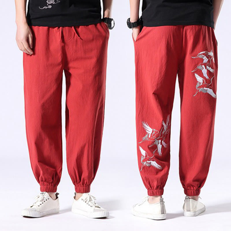 Pantalones harén con cordón y bolsillos para hombre con diseño bordado de grulla blanca y Buddha Stones - image 16